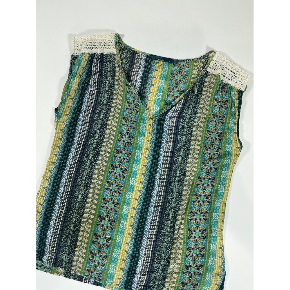 prAna Iliana Boho Geometric Crochet Lace Sleeveless Silk Blend Blouse Size L